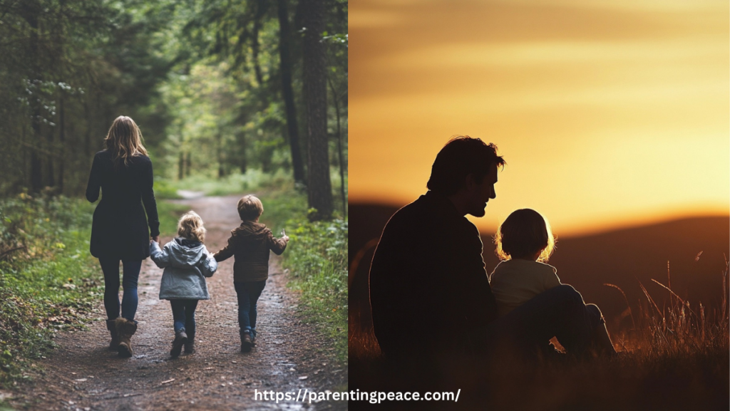 A beautiful sunset with a child joyfully jumping in a field and a parent lifting another child into the air, symbolizing happiness, freedom, and strong family connections.